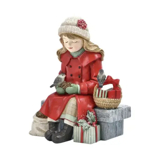 18cm Red girl on bench w/birds and gifts  1/12