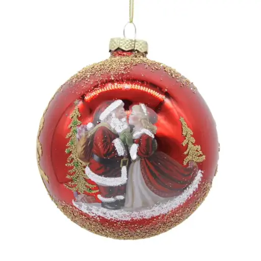 10cm Red glass ornament w/Claus and Ms. Claus